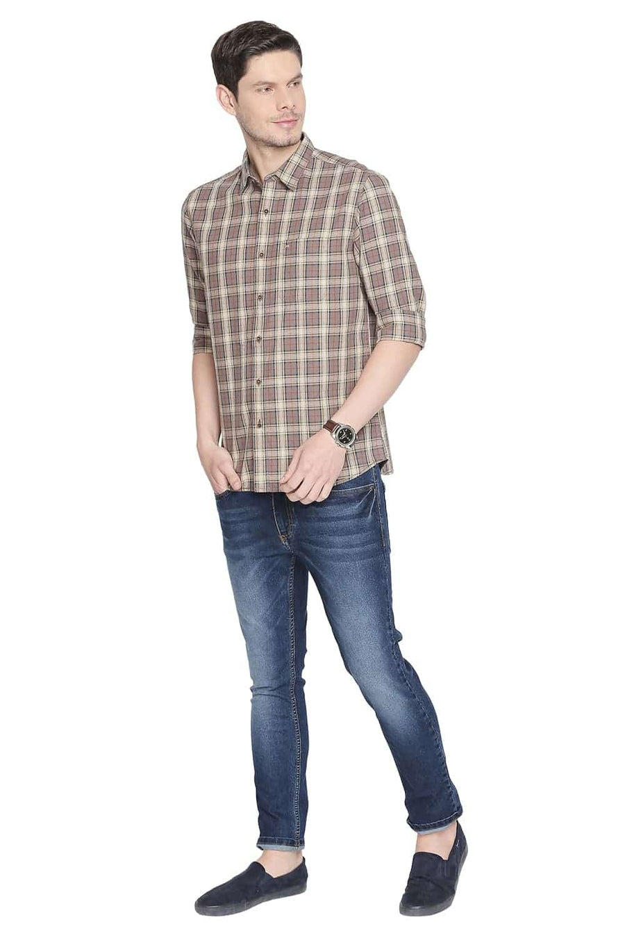 BASICS SLIM FIT CARIBOU KHAKI CHECKS SHIRT