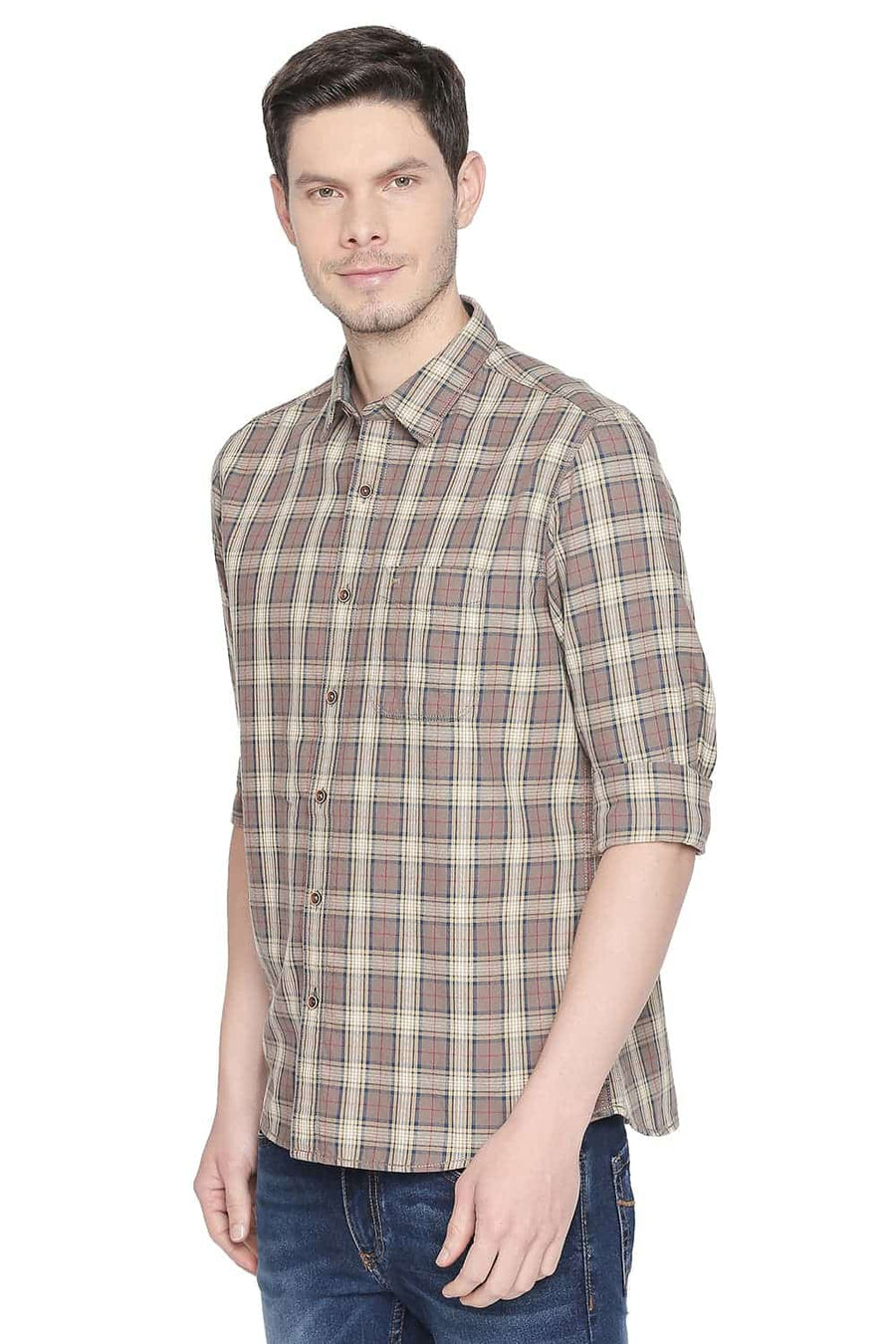 BASICS SLIM FIT CARIBOU KHAKI CHECKS SHIRT