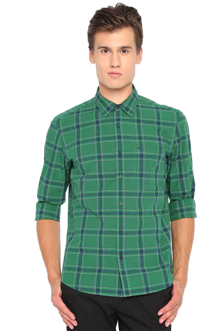 BASICS SLIM FIT JUNIPER GREEN CHECKS SHIRT