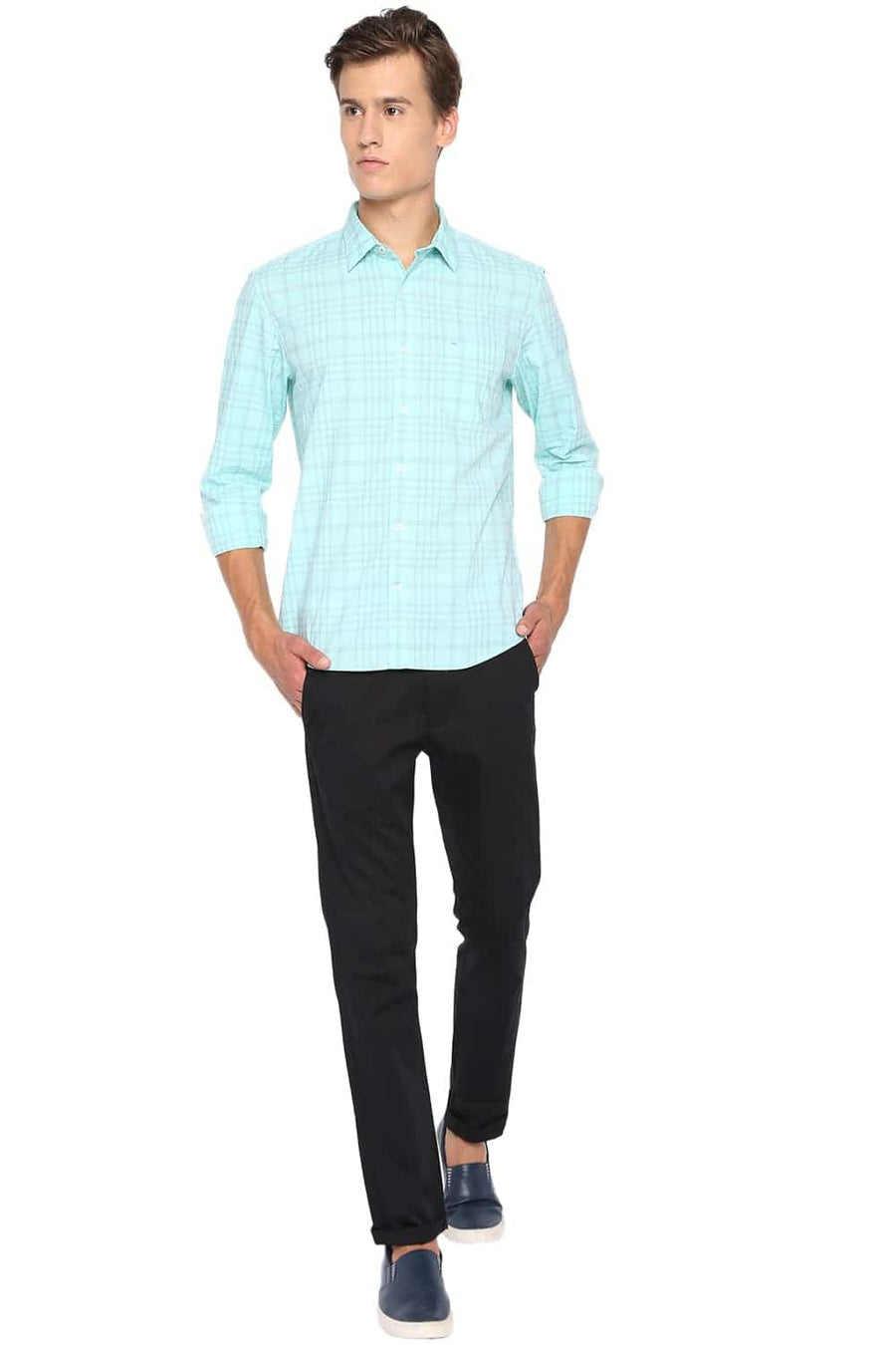BASICS SLIM FIT YUCCA GREEN CHECKS SHIRT