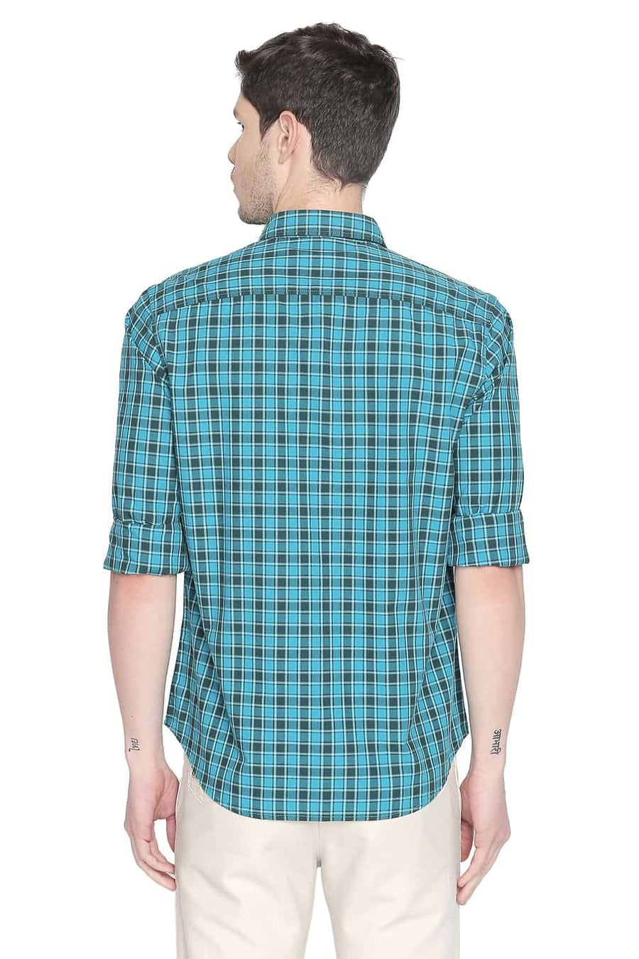 BASICS SLIM FIT LAKE TURQUOISE CHECKS SHIRT