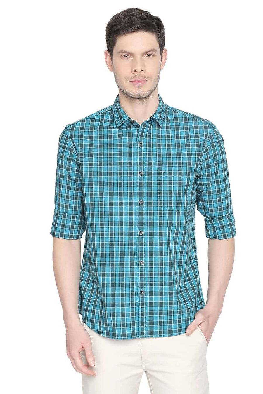 BASICS SLIM FIT LAKE TURQUOISE CHECKS SHIRT