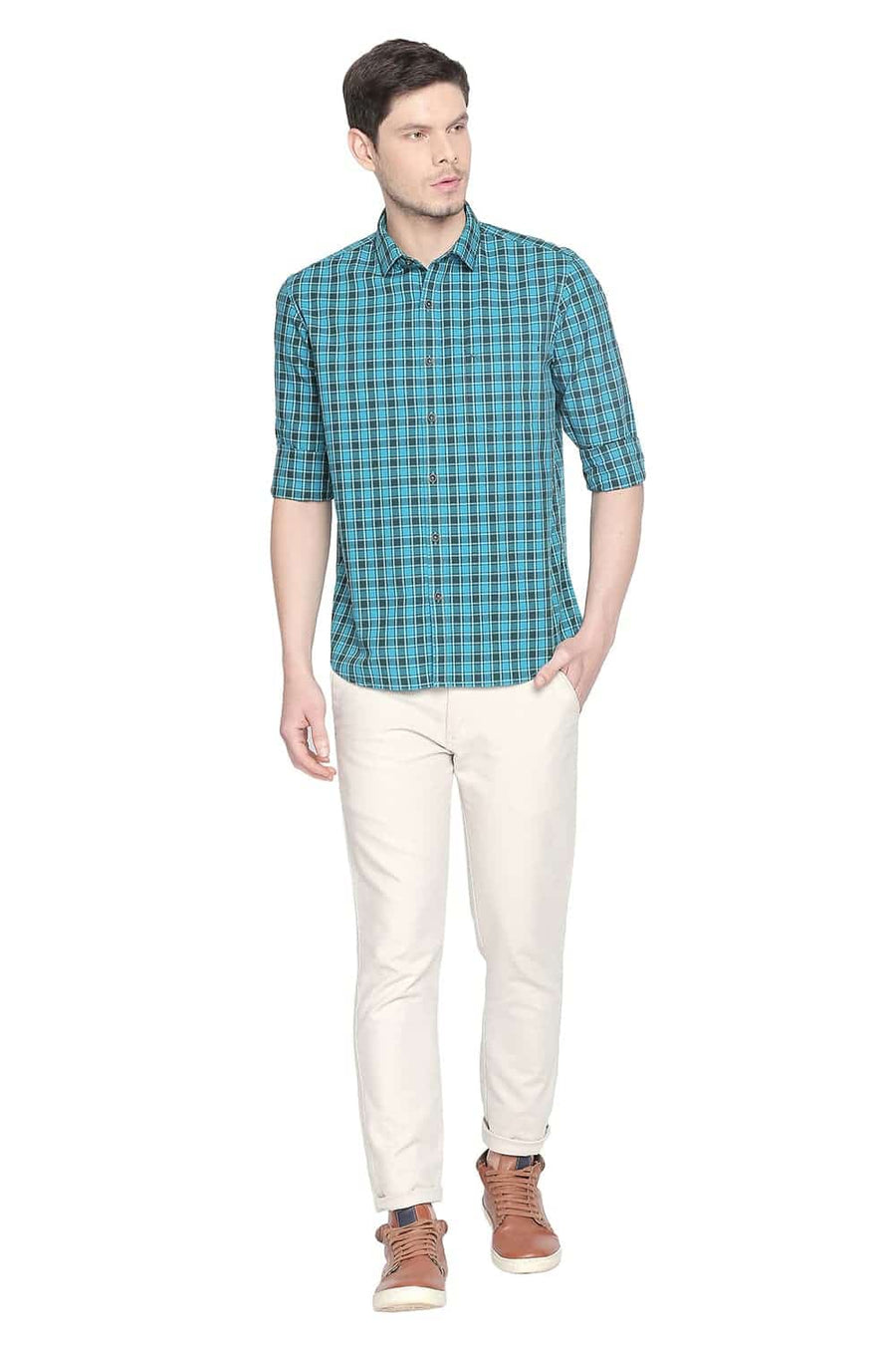 BASICS SLIM FIT LAKE TURQUOISE CHECKS SHIRT