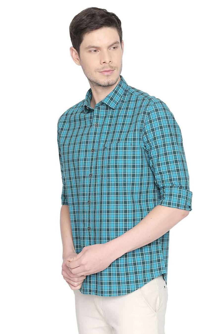 BASICS SLIM FIT LAKE TURQUOISE CHECKS SHIRT