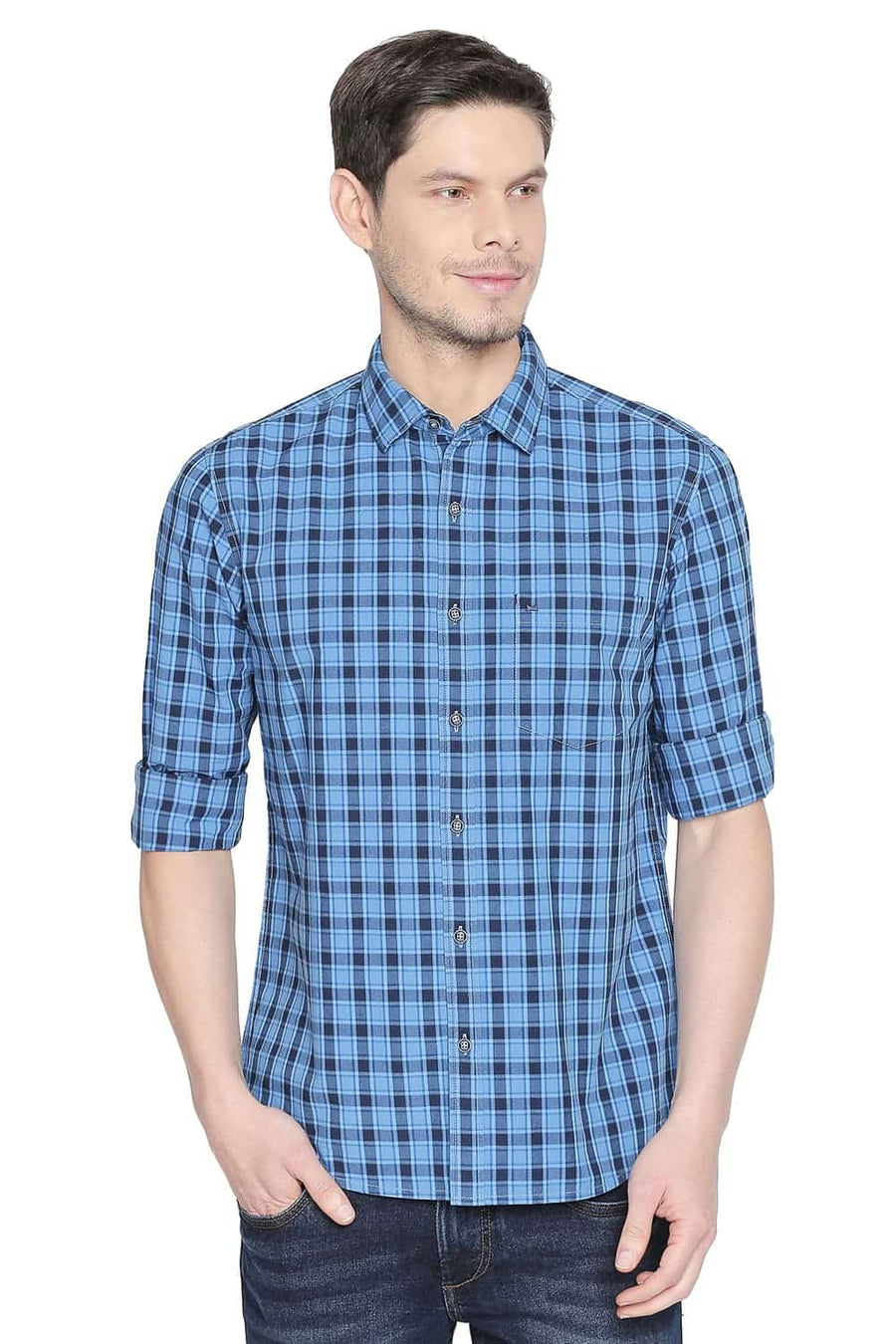 BASICS SLIM FIT INSIGNIA BLUE CHECKS SHIRT
