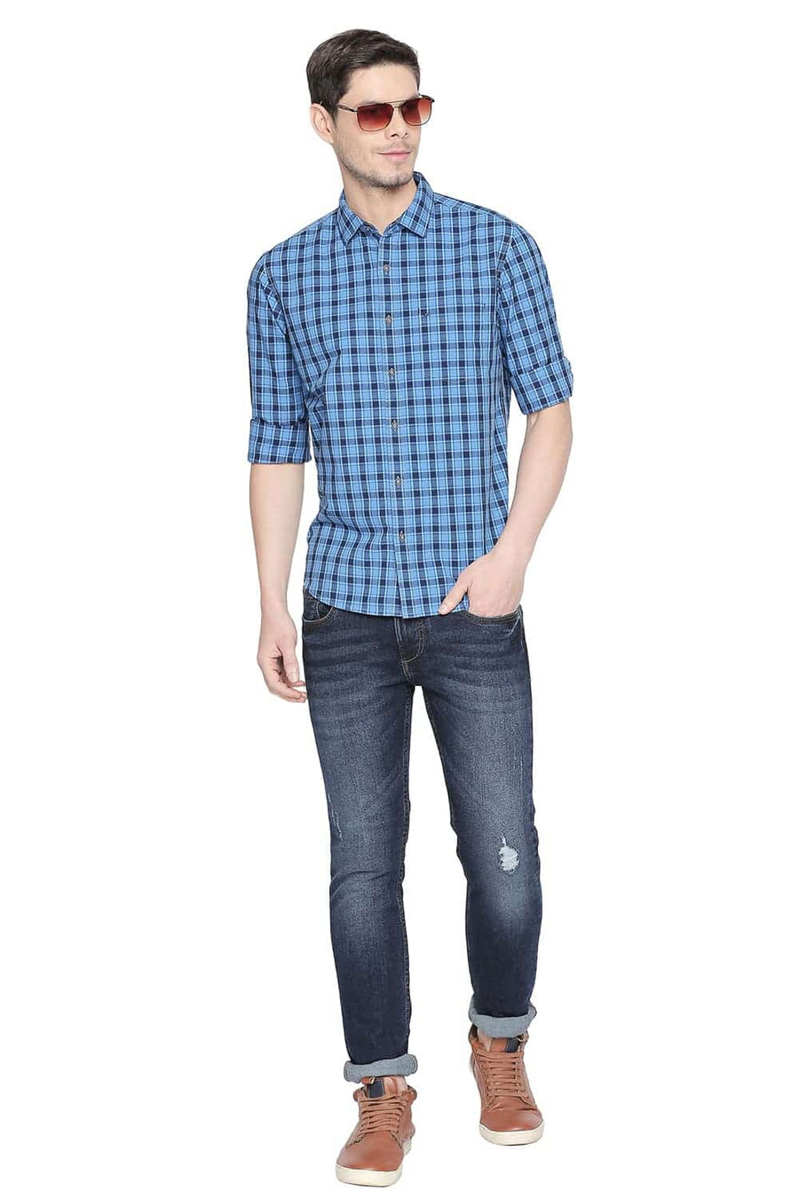 BASICS SLIM FIT INSIGNIA BLUE CHECKS SHIRT