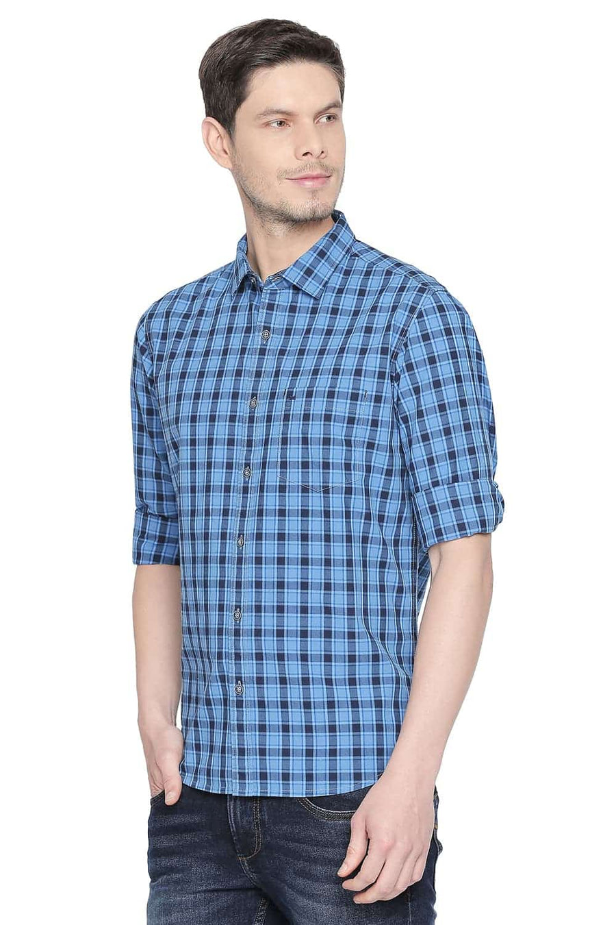BASICS SLIM FIT INSIGNIA BLUE CHECKS SHIRT