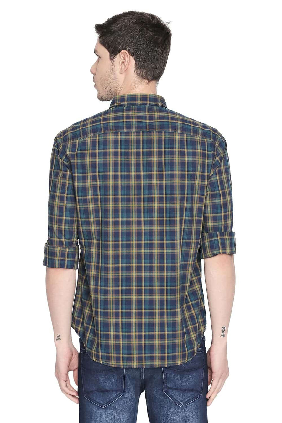 BASICS SLIM FIT DEEP TEAL GREEN CHECKS SHIRT