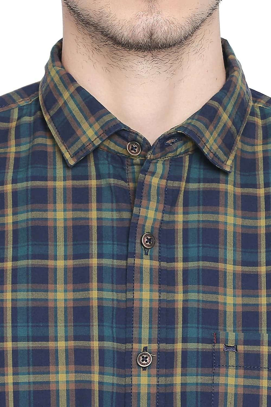 BASICS SLIM FIT DEEP TEAL GREEN CHECKS SHIRT