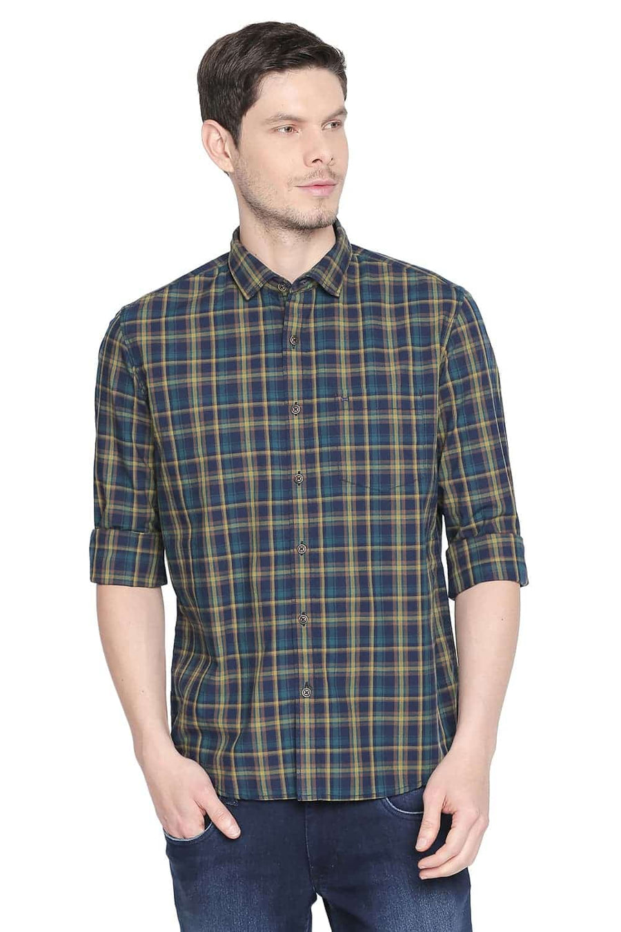 BASICS SLIM FIT DEEP TEAL GREEN CHECKS SHIRT