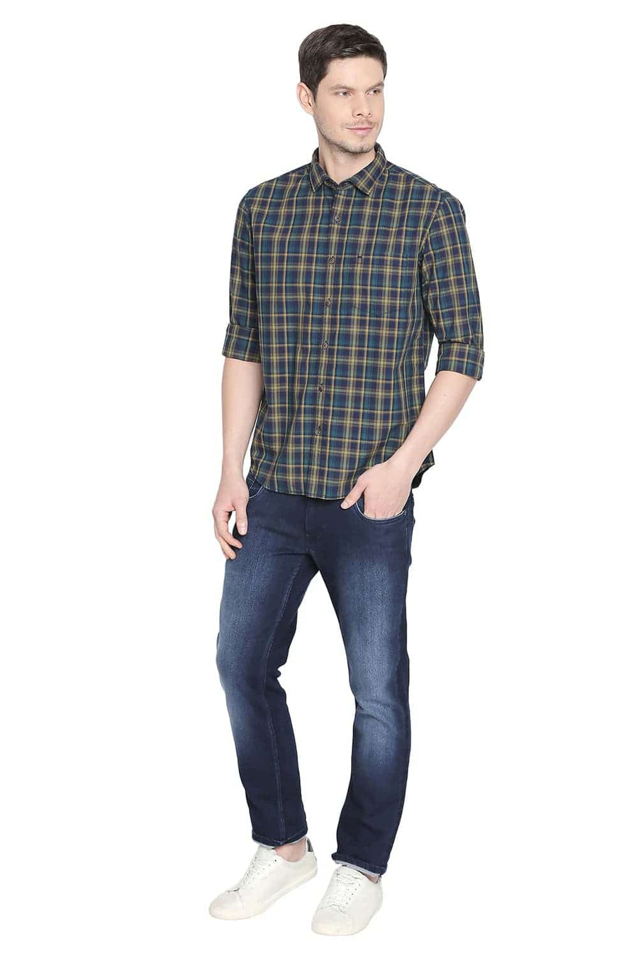 BASICS SLIM FIT DEEP TEAL GREEN CHECKS SHIRT