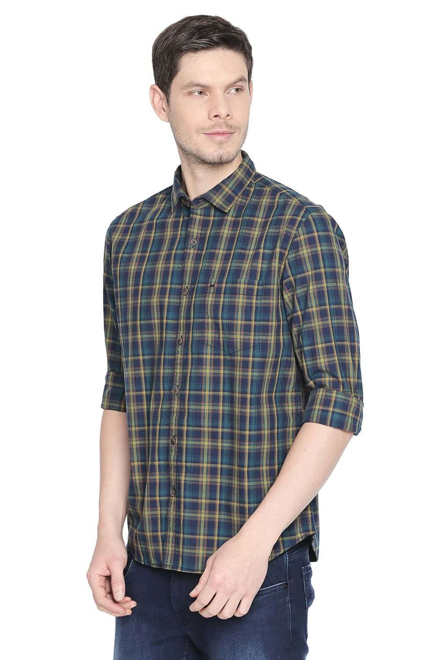 BASICS SLIM FIT DEEP TEAL GREEN CHECKS SHIRT
