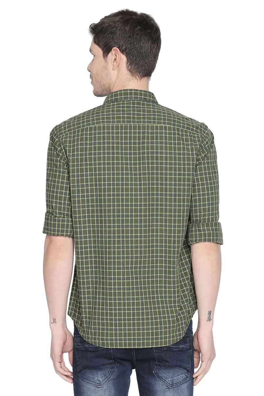 BASICS SLIM FIT DILL GREEN CHECKS SHIRT