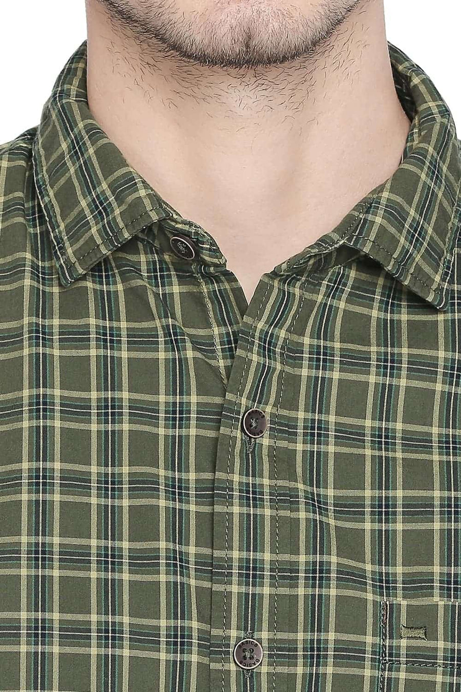 BASICS SLIM FIT DILL GREEN CHECKS SHIRT
