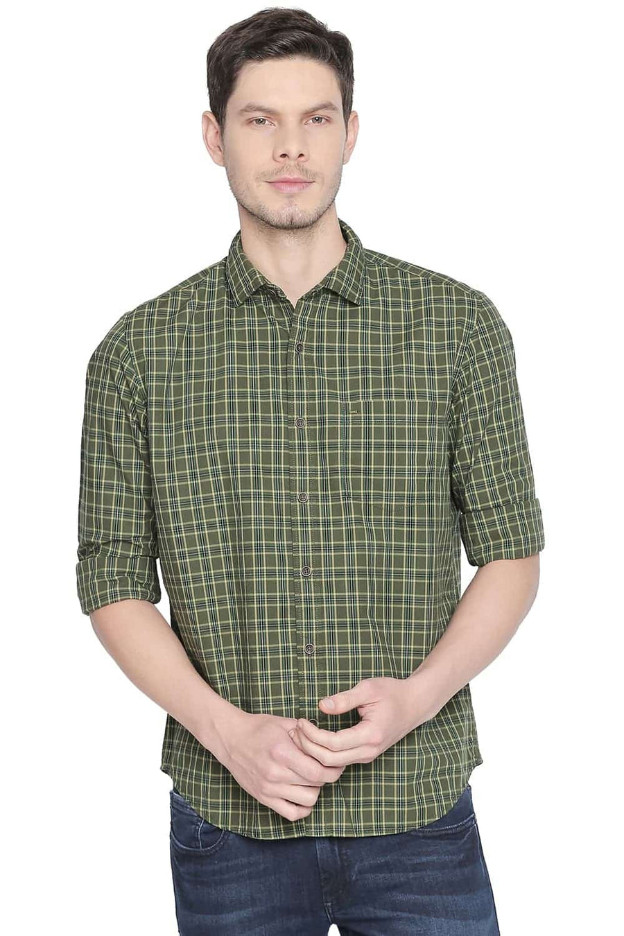 BASICS SLIM FIT DILL GREEN CHECKS SHIRT