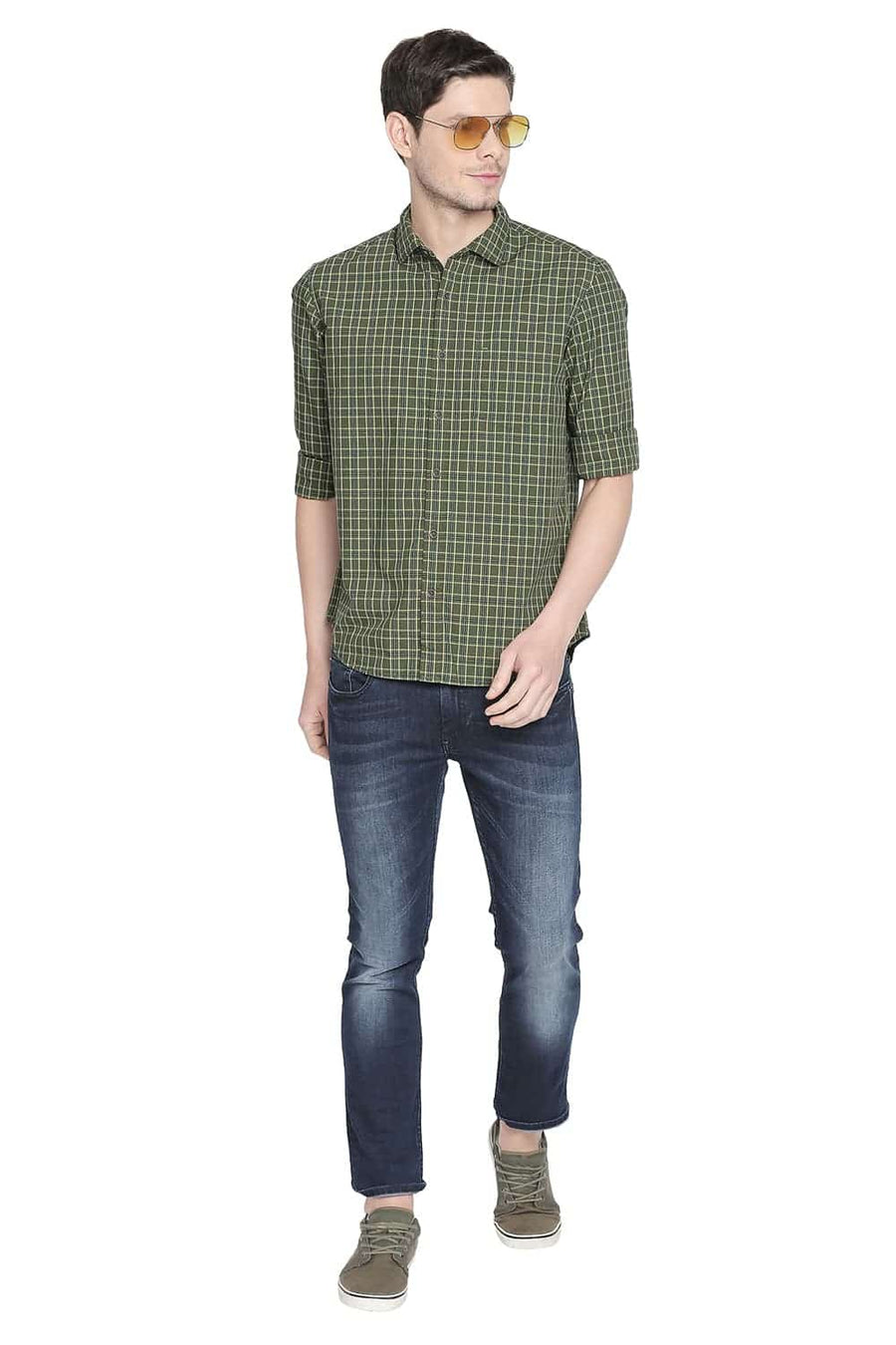 BASICS SLIM FIT DILL GREEN CHECKS SHIRT