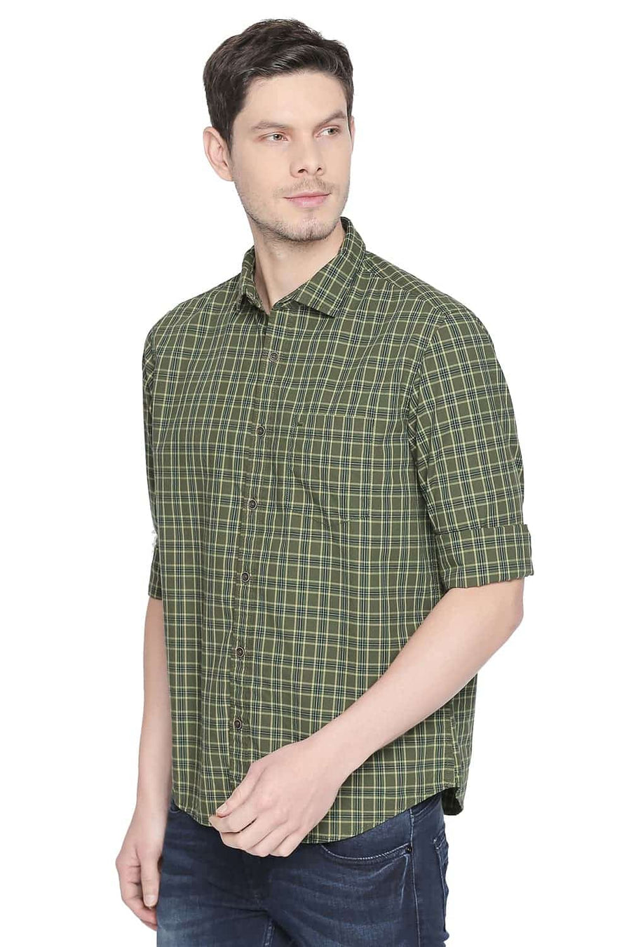 BASICS SLIM FIT DILL GREEN CHECKS SHIRT
