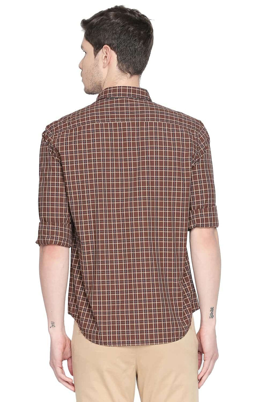 BASICS SLIM FIT BISON BROWN CHECKS SHIRT