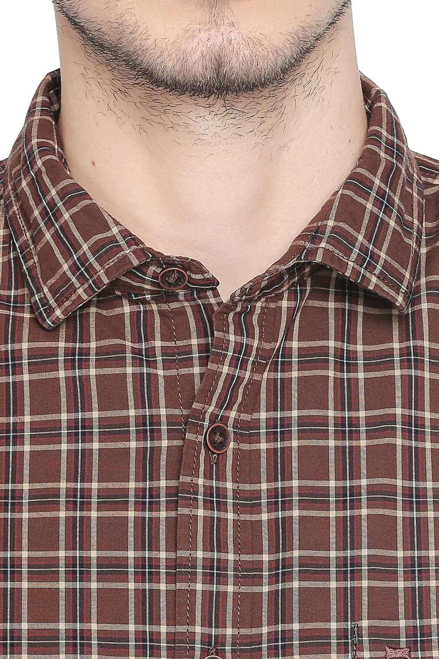BASICS SLIM FIT BISON BROWN CHECKS SHIRT