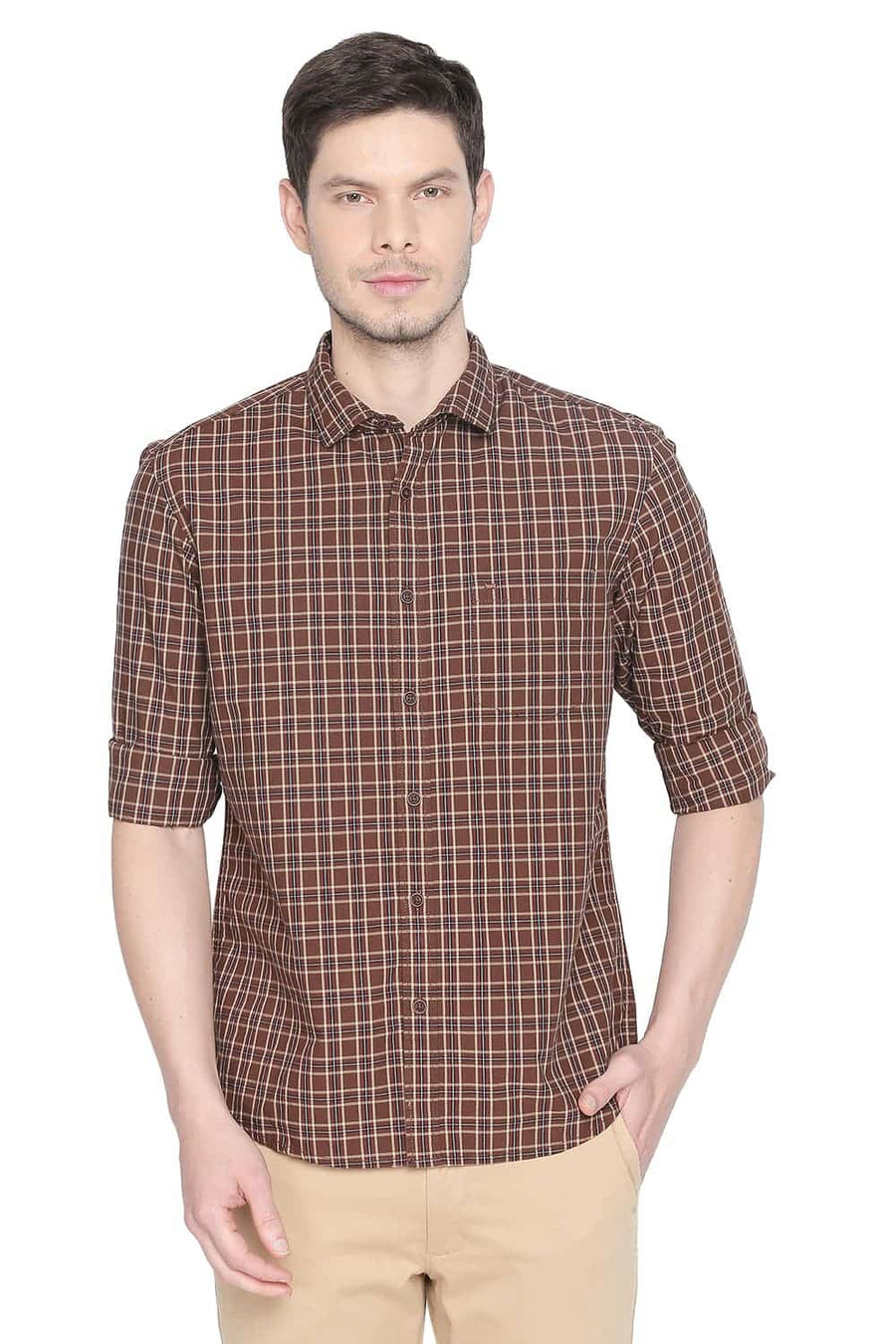 BASICS SLIM FIT BISON BROWN CHECKS SHIRT