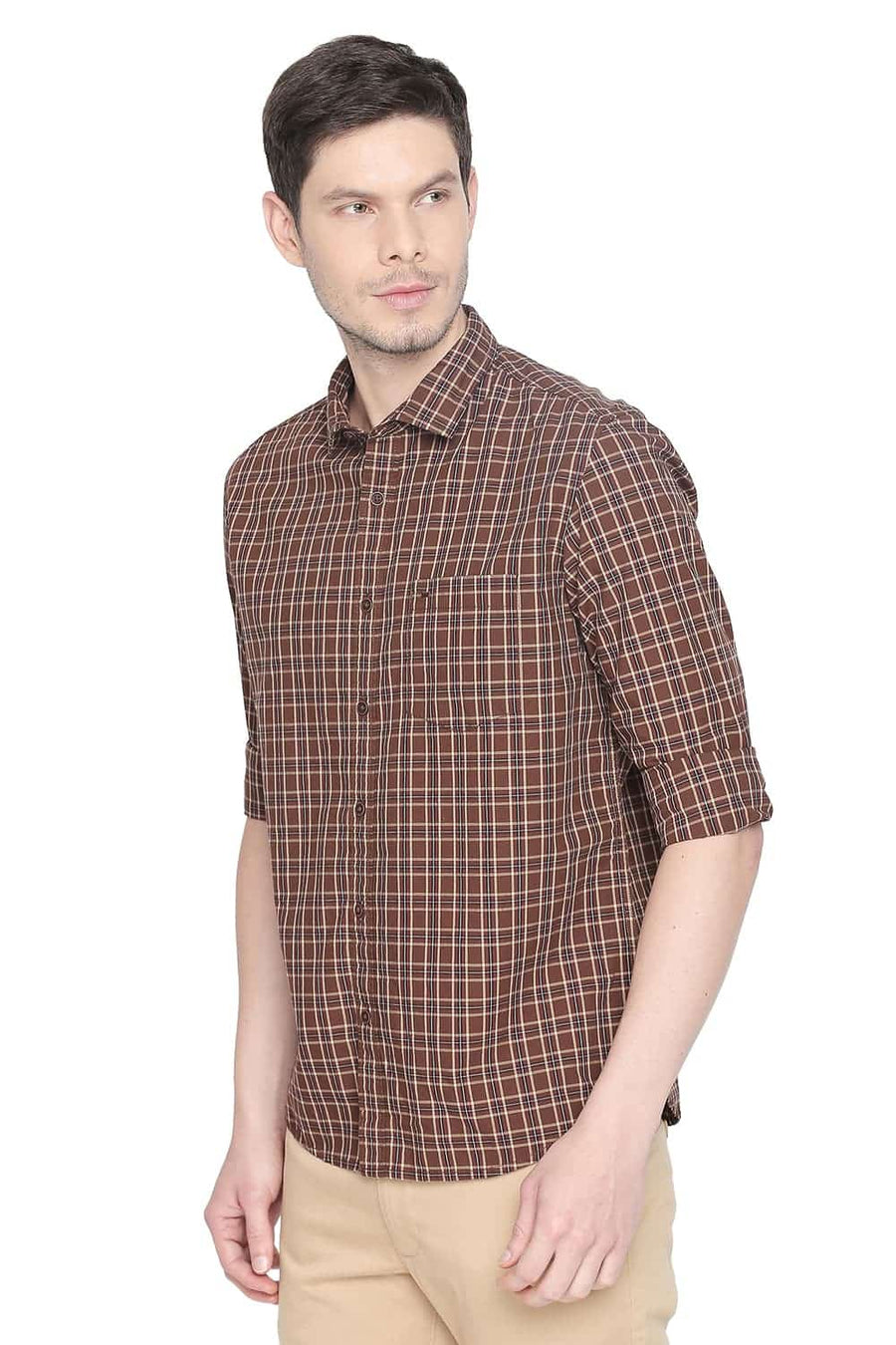 BASICS SLIM FIT BISON BROWN CHECKS SHIRT