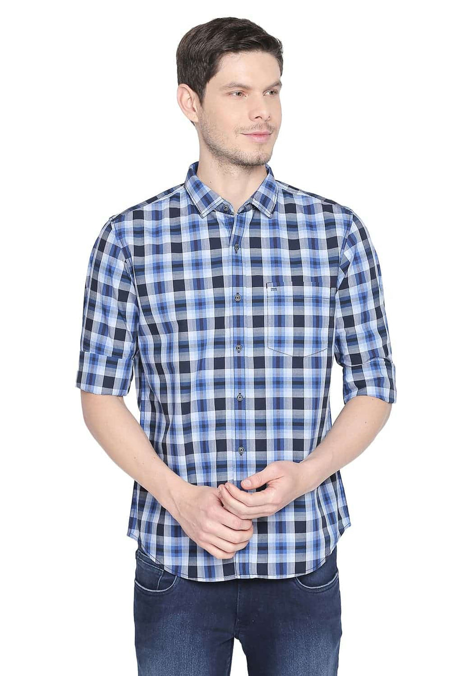 BASICS SLIM FIT DELFF BLUE CHECKS SHIRT