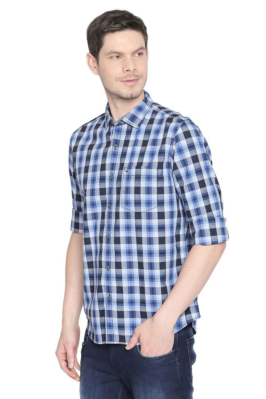 BASICS SLIM FIT DELFF BLUE CHECKS SHIRT