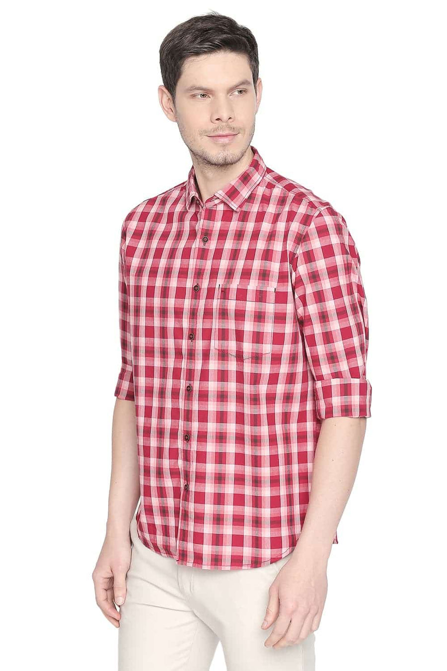 BASICS SLIM FIT TANGO RED CHECKS SHIRT