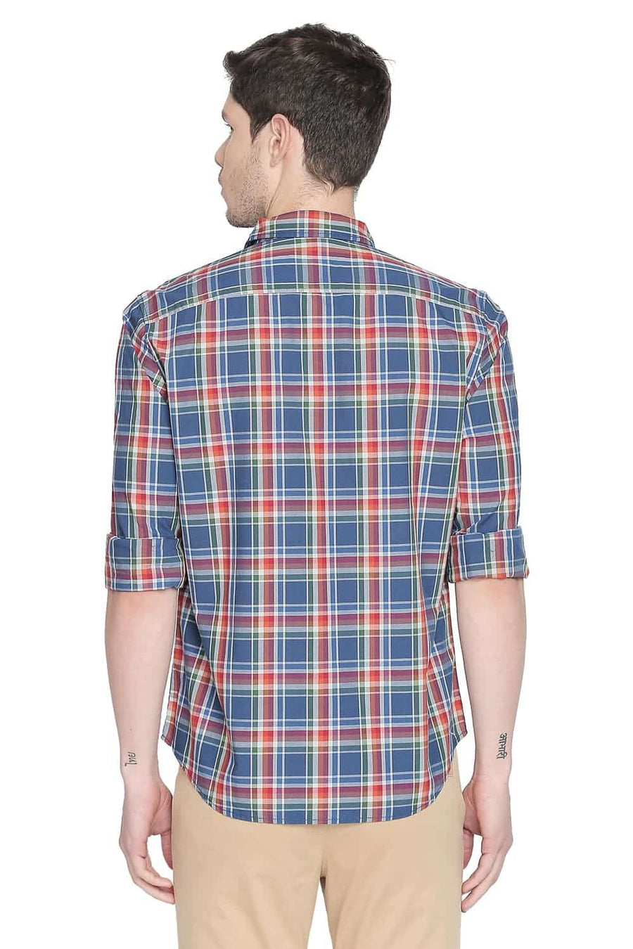 BASICS SLIM FIT DARK BLUE CHECKS SHIRT