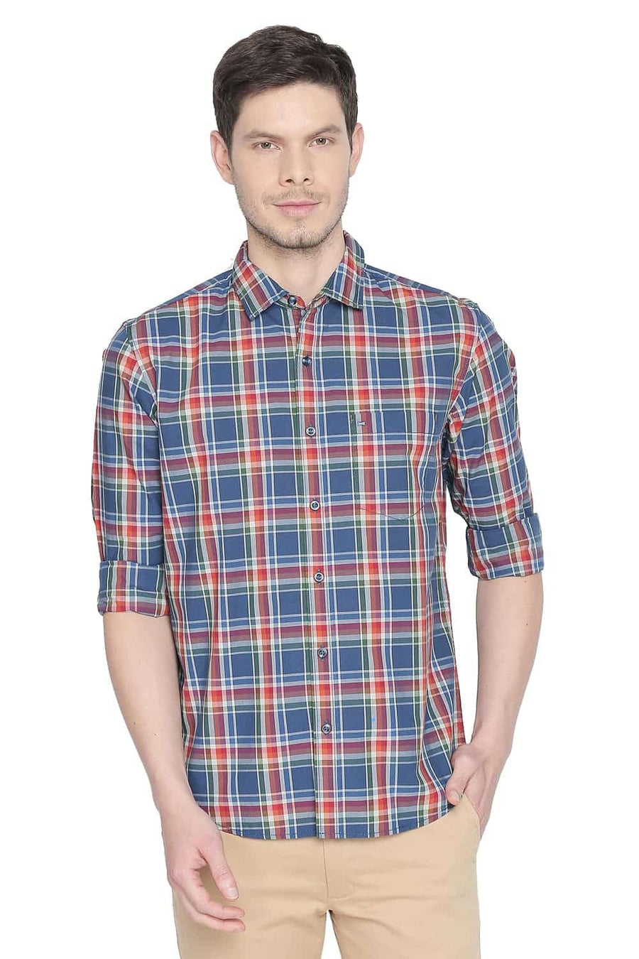 BASICS SLIM FIT DARK BLUE CHECKS SHIRT