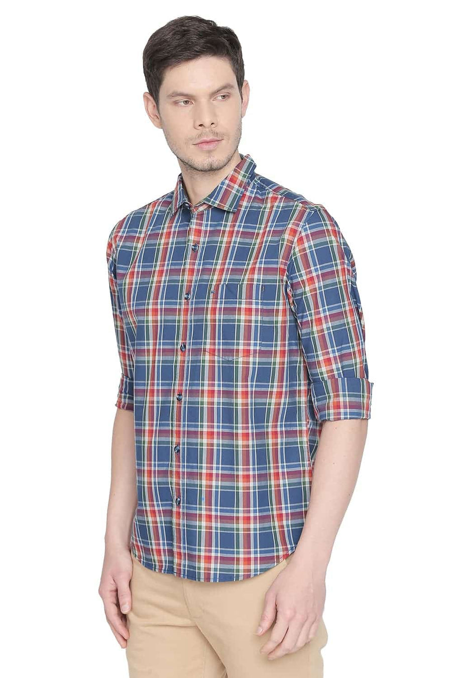 BASICS SLIM FIT DARK BLUE CHECKS SHIRT