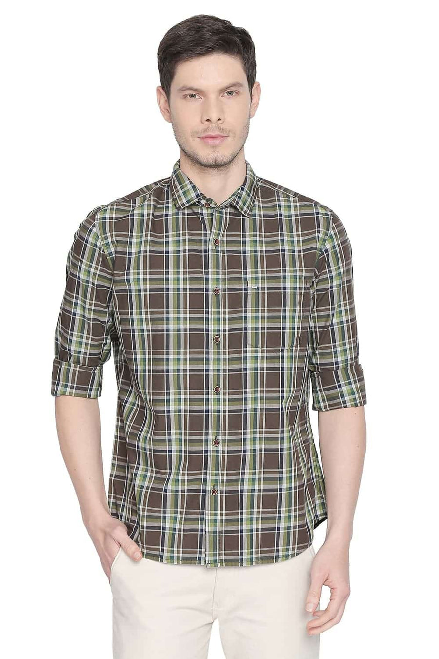 BASICS SLIM FIT CARTEEN BROWN CHECKS SHIRT