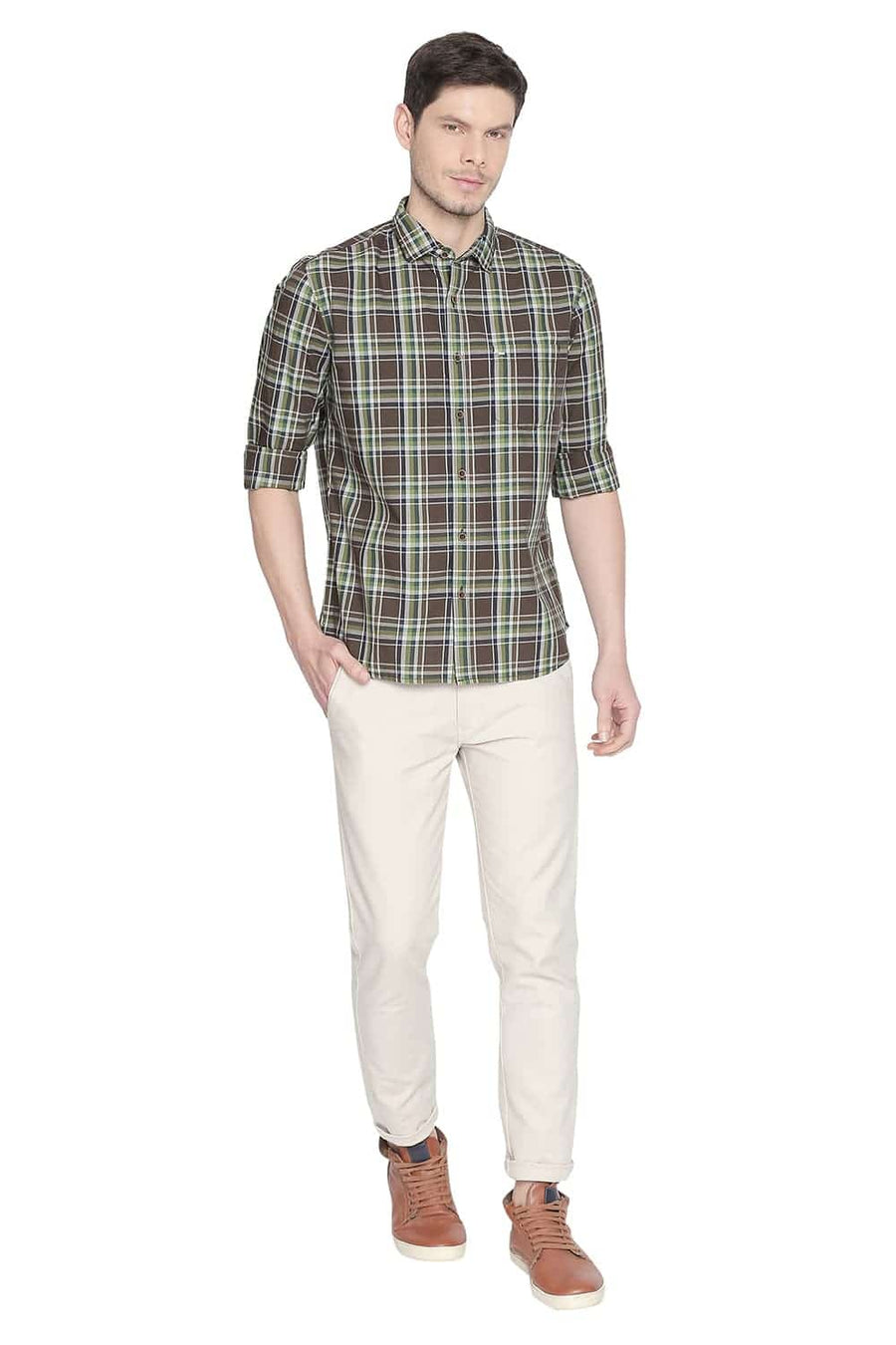 BASICS SLIM FIT CARTEEN BROWN CHECKS SHIRT
