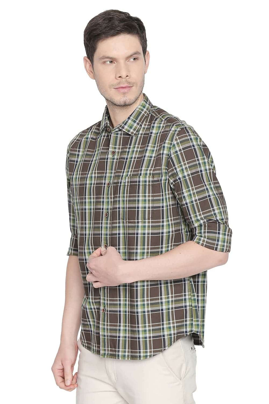 BASICS SLIM FIT CARTEEN BROWN CHECKS SHIRT