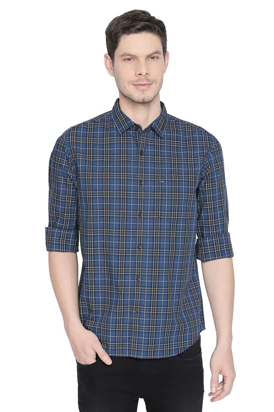 BASICS SLIM FIT ENSIGN BLUE CHECKS SHIRT