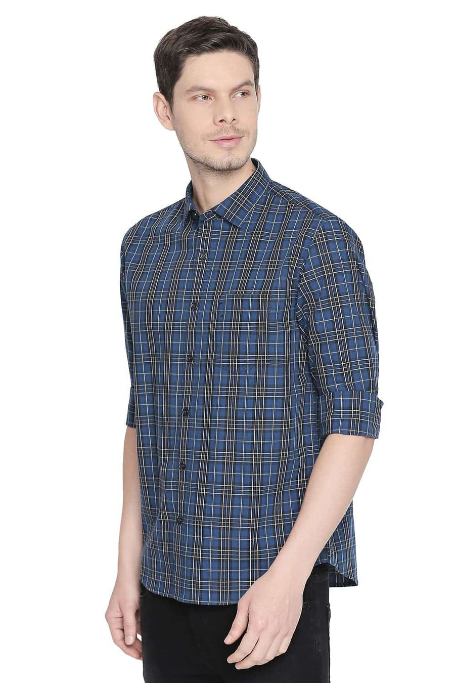 BASICS SLIM FIT ENSIGN BLUE CHECKS SHIRT
