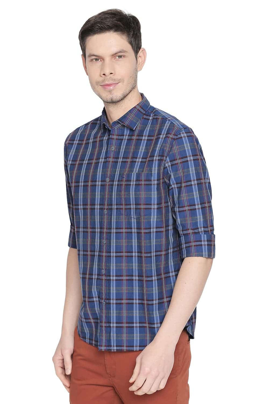 BASICS SLIM FIT TRUE BLUE CHECKS SHIRT