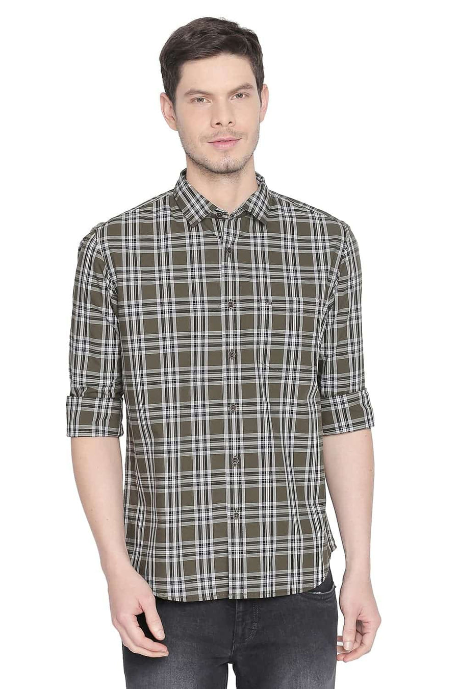 BASICS SLIM FIT RIFLE GREEN CHECKS SHIRT