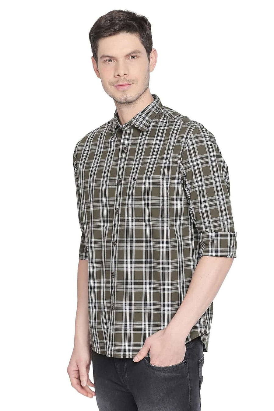 BASICS SLIM FIT RIFLE GREEN CHECKS SHIRT
