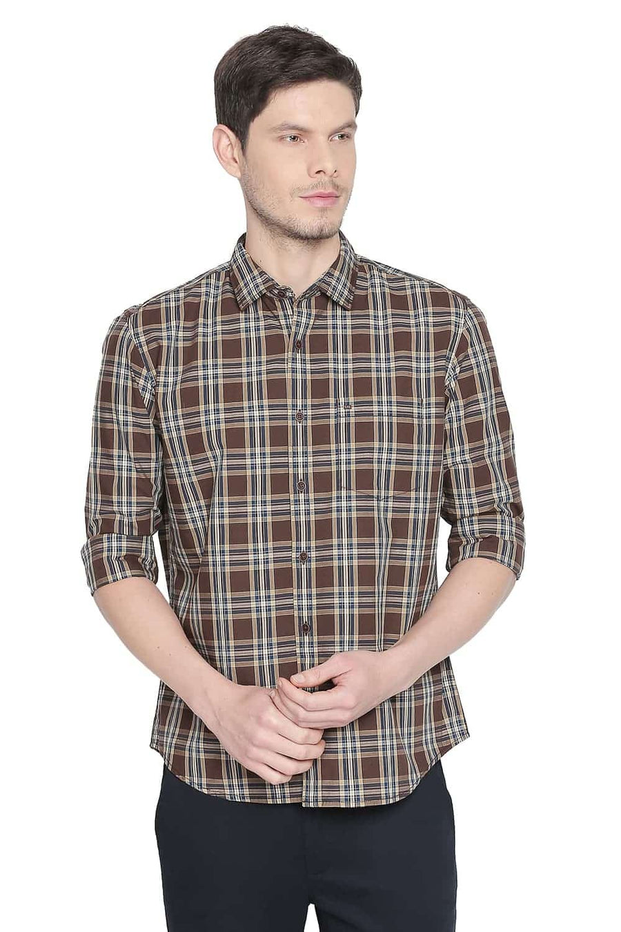 BASICS SLIM FIT CARAFE BROWN CHECKS SHIRT