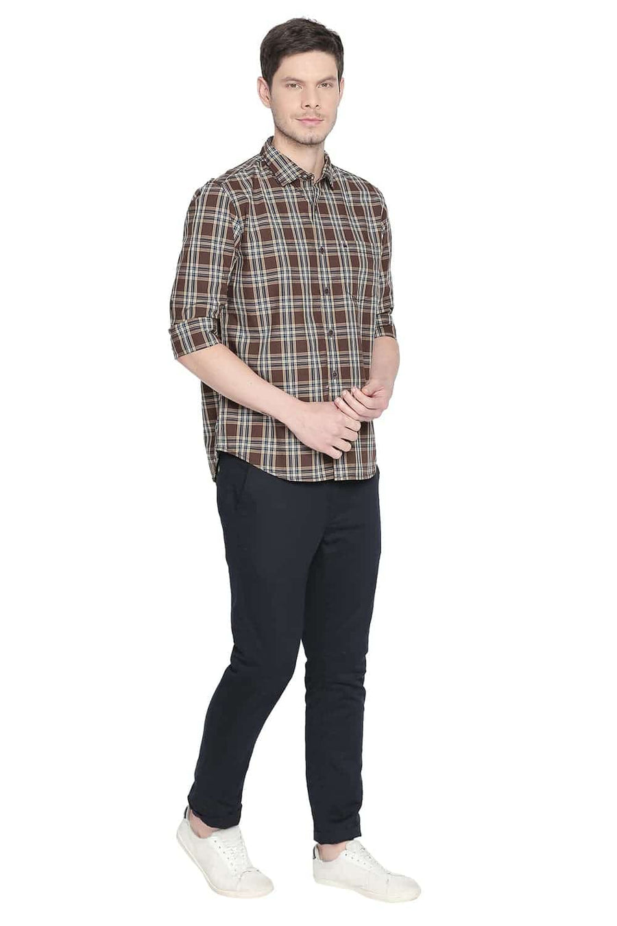 BASICS SLIM FIT CARAFE BROWN CHECKS SHIRT