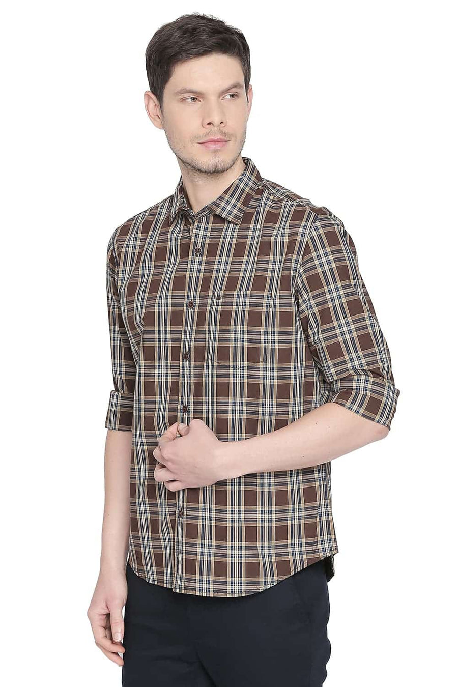 BASICS SLIM FIT CARAFE BROWN CHECKS SHIRT