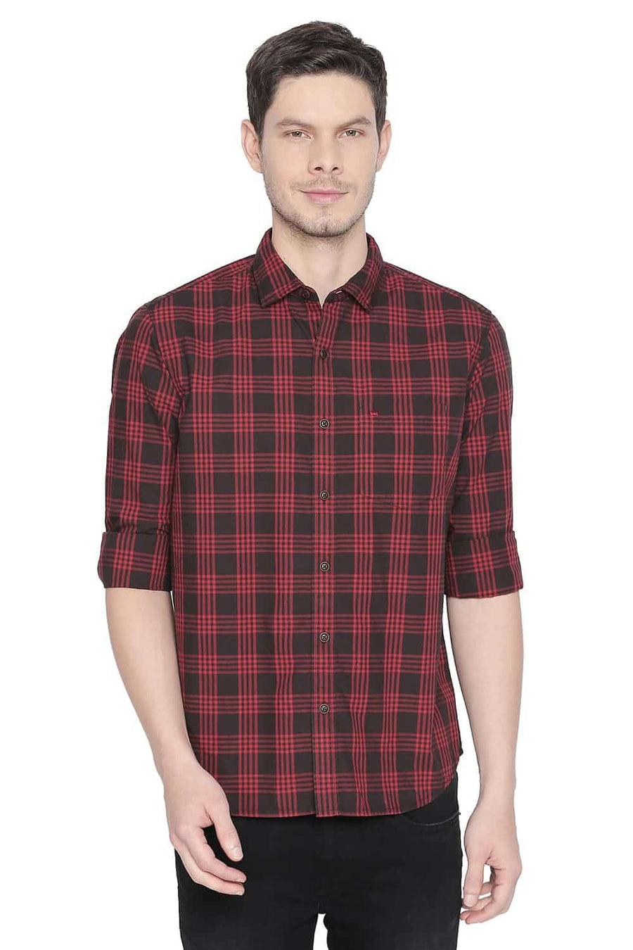 BASICS SLIM FIT SAGE RED CHECKS SHIRT