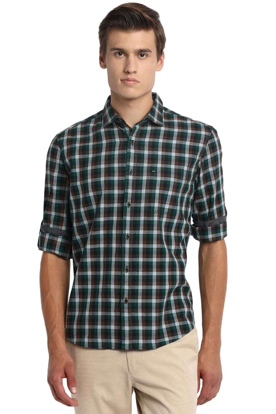 BASICS SLIM FIT BAYBERRY GREEN CHECKS SHIRT
