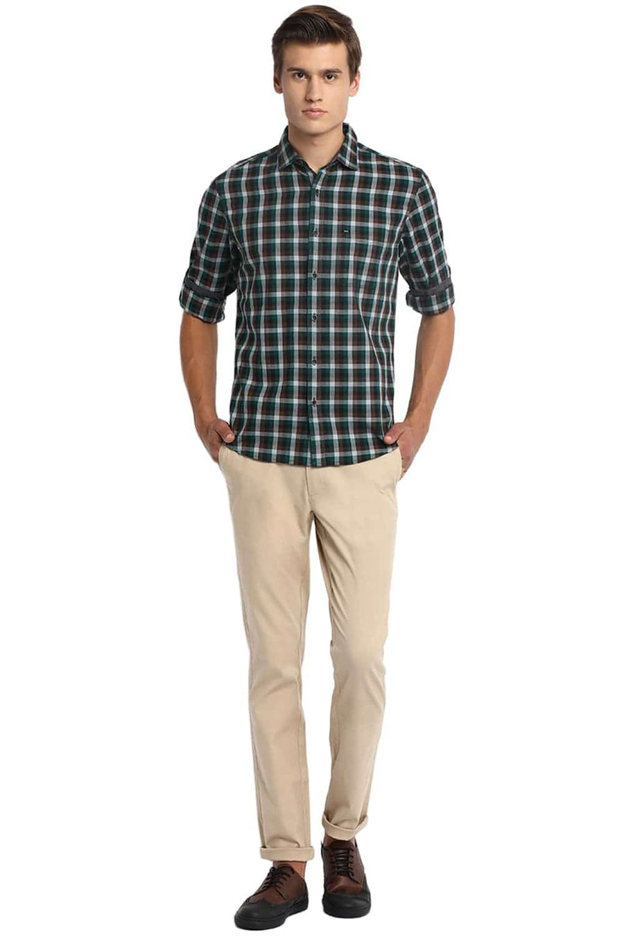 BASICS SLIM FIT BAYBERRY GREEN CHECKS SHIRT