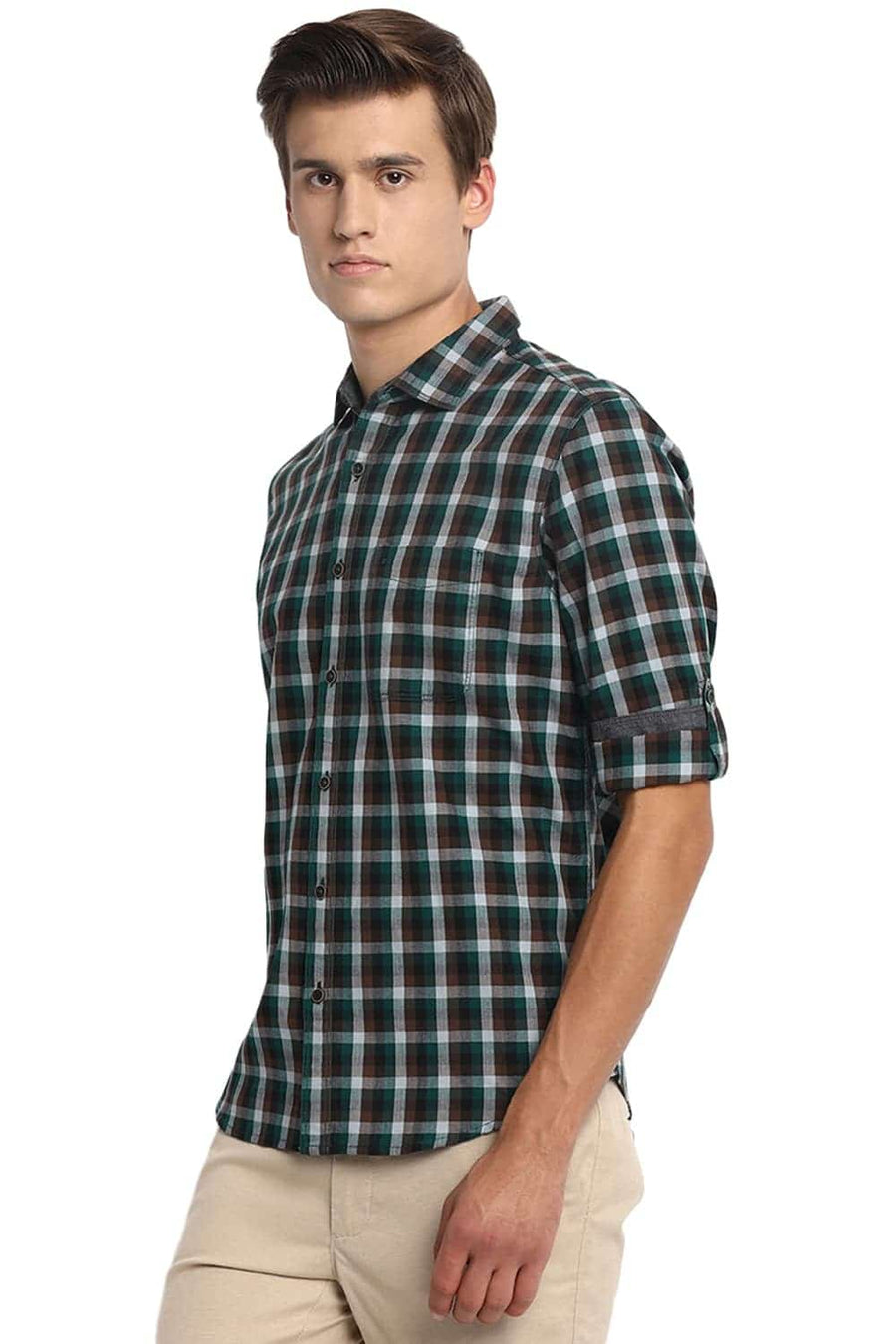 BASICS SLIM FIT BAYBERRY GREEN CHECKS SHIRT