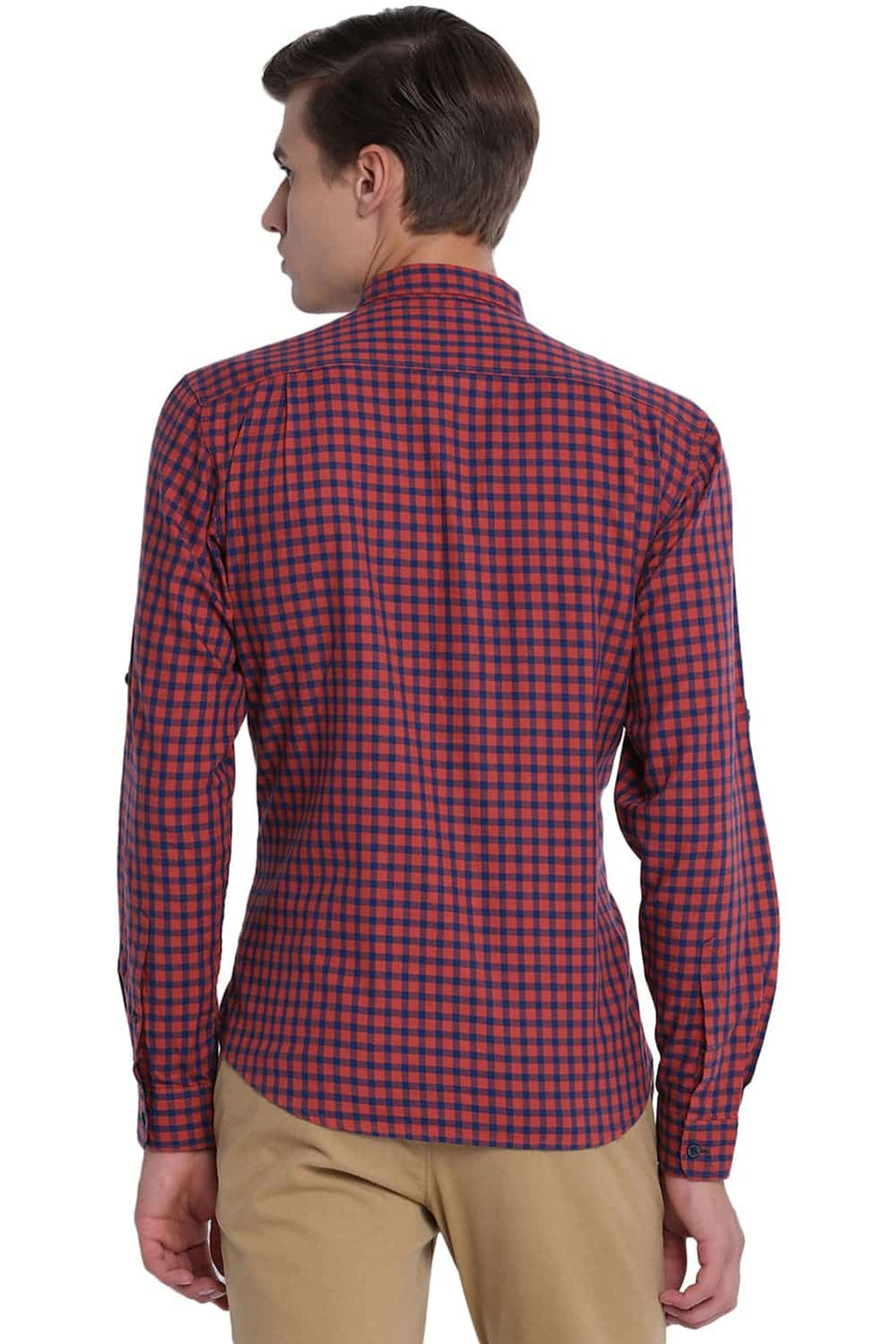 BASICS SLIM FIT OCHRE RED CHECKS SHIRT