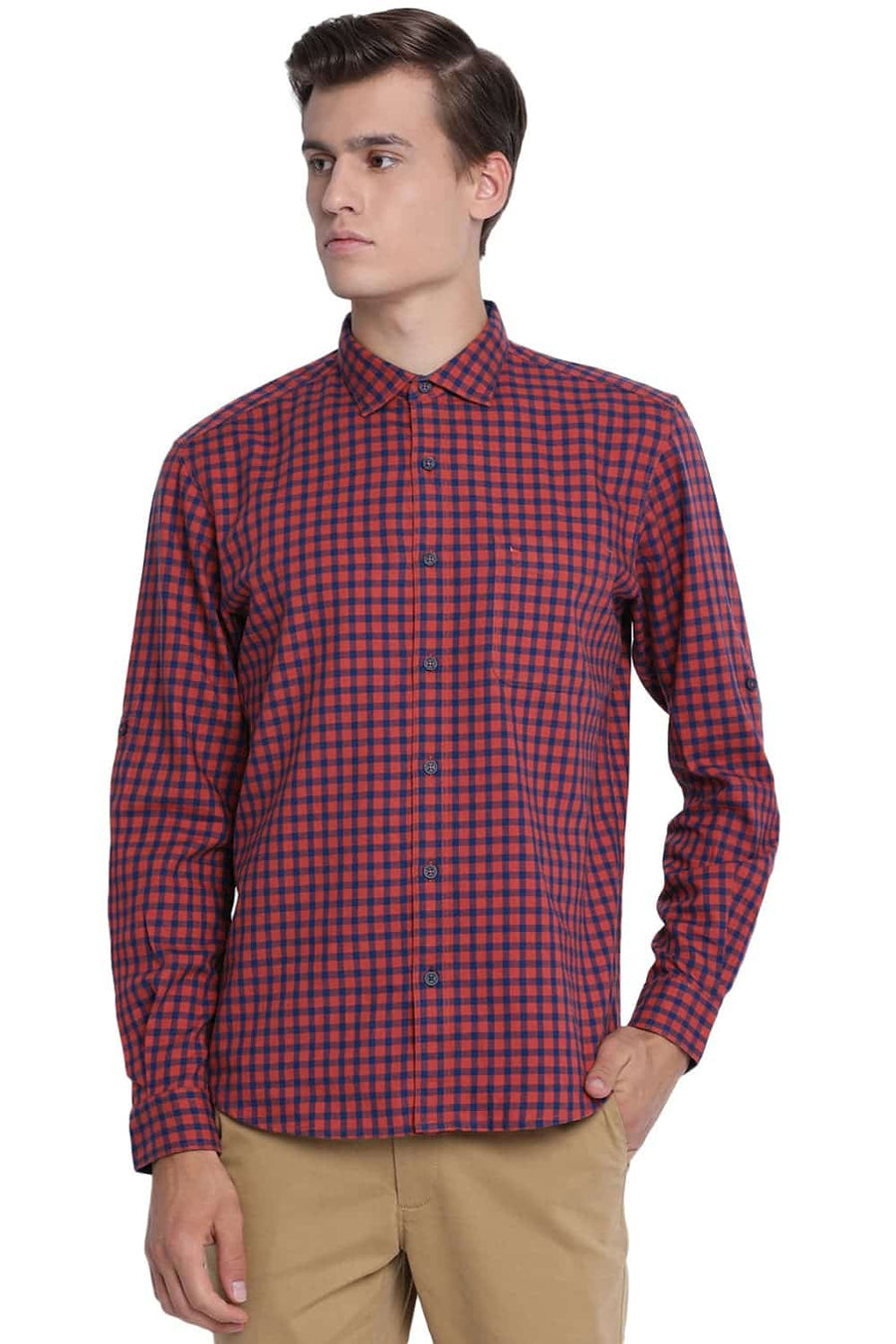 BASICS SLIM FIT OCHRE RED CHECKS SHIRT