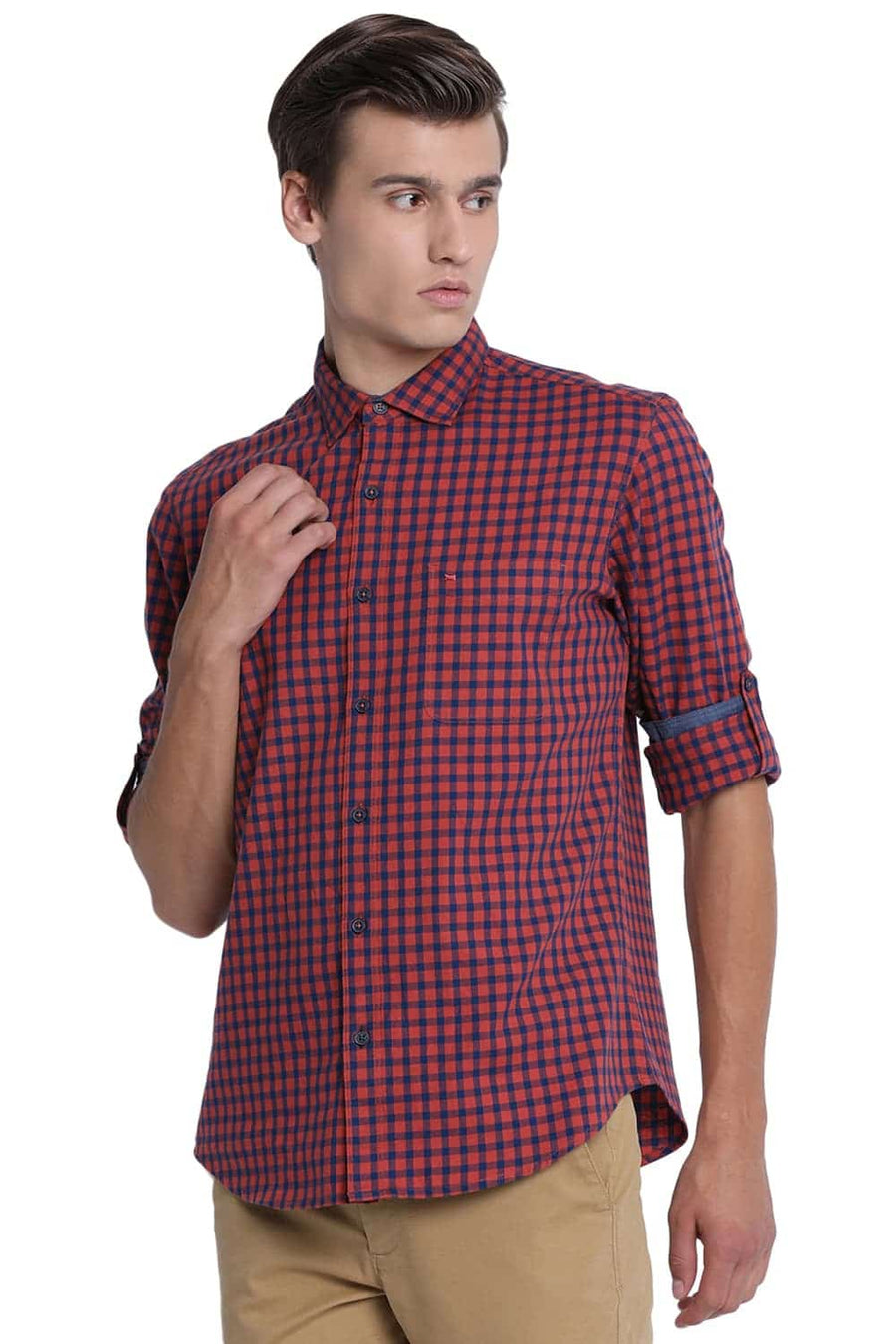BASICS SLIM FIT OCHRE RED CHECKS SHIRT