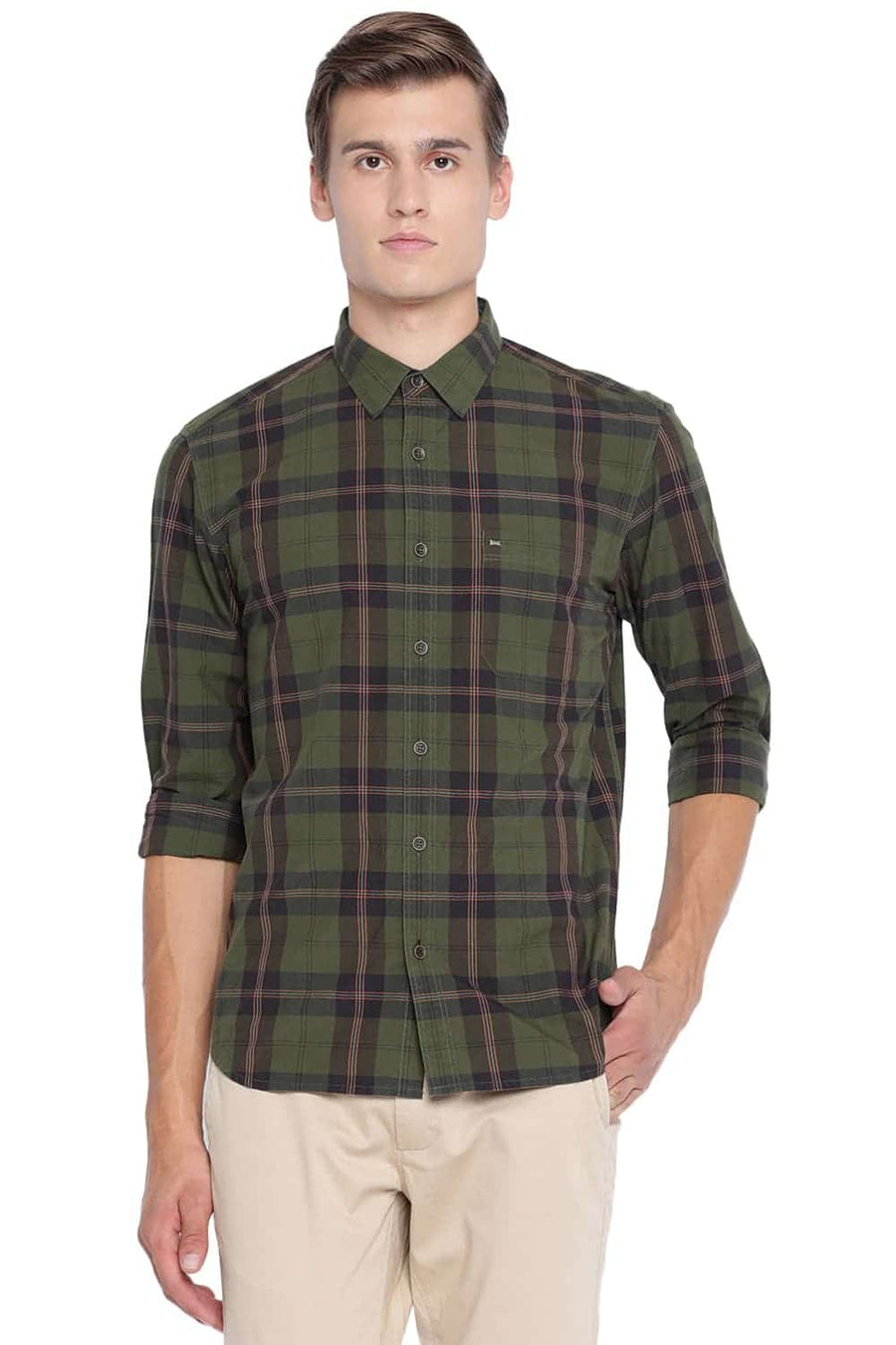 BASICS SLIM FIT CHIVE GREEN CHECKS SHIRT